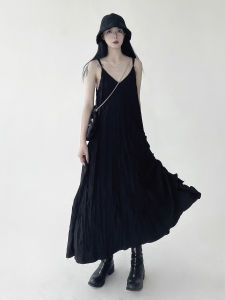 Hidden Mi Summer Yamamoto Style Womens Special-Interest Design Slimming Long Dress Dark Drawstring Ruffle Suspenders Dress