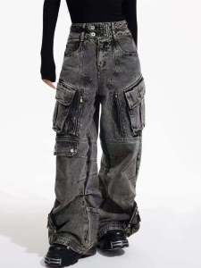 กางเกงยีนส์ทรงหลวมสไตล์อเมริกันสไตล์ย้อนยุคแบบมีกระเป๋าหลายช่อง กางเกงขายาวลำลองไม่มีเพศที่ปรับแต่งได้สำหรับฤดูใบไม้ผลิ