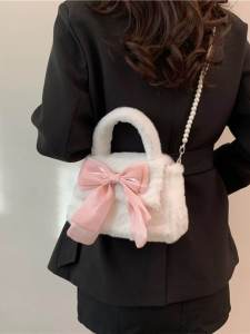 Cute Butterfly Knot Plush Shoulder Crossbody Bag for Women Winter New Lazy Style Bead Single Strap Slant Bag Soft Cotton Casual