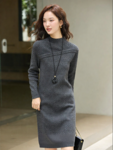 Vimly | Đầm Knit Cổ Trụ Phía Sơmi Bán Cao Pha Len Dài Trung Bình
