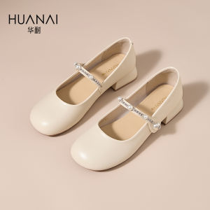 Huane Mary Jane Shoes Womens 2025 Spring New Pearl Buckle Thick Heel Sweet Style Casual Synthetic Leather Low Top Single Shoes