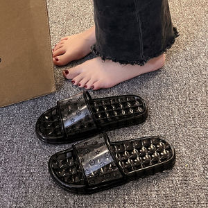 รองเท้าแตะพื้นแบนสำหรับผู้หญิง รองเท้าแตะพื้นนิ่มแบบใส รองเท้าแตะแบบสวมสำหรับใช้ในบ้าน รองเท้าแตะกันลื่น รองเท้าแตะแบบสวมส้นแบน