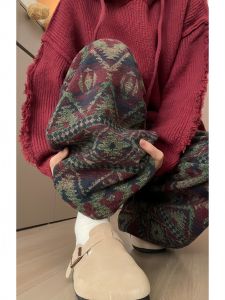 กางเกงขายาวทรงหลวมสไตล์ย้อนยุคสำหรับผู้หญิง กางเกงขายาวทรงหลวมแบบลำลอง ทรงตรง สไตล์เกาหลี ผ้าขนสัตว์ถัก