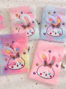 A5 Size Lockable Cute Cartoon Rabbit Notebook Diary Journal for Children Back-To-School Season Furry Soft Cover Gift Notebook