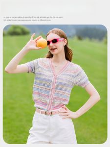 Lagogo Womens Short Sleeve Knitted Sweater Rainbow Stripes Hollow out Design Summer New Style Fashionable Business Lady Fit