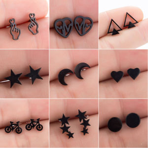 SMJEL Stainless Steel Earrings Geometric Women Men Hip hop Black Star Moon Stud Earring Fashion Jewelry Best Gift for Friend
