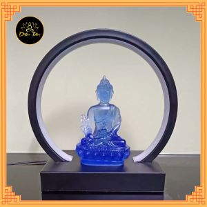 Tượng phật dược sư lưu ly có kệ đèn led tượng mật tông trang trí - shop Diệu Tâm dược sư xanh dương 12cm + đèn Led đế kim loại