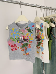 AMILUCK | Doodle Print Knitted Vest Womens Outerwear Round Neck Sleeveless Top Inner Wear Casual Comfortable Breathable Short Style