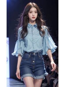 Blue Lace Short Sleeve Chiffon Shirt Womens Summer New Style Elegant French Style Top Spring Autumn Korean Version Straight Cut