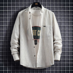 Mens Plaid Long Sleeve Shirt Thin Style Casual Loose Spring Autumn Checkered Outerwear Carlsy Polyester Cotton Viscose Blend