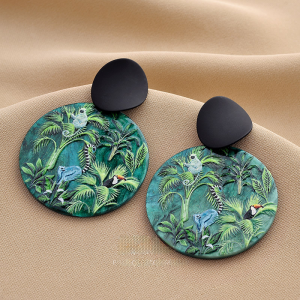 Green round Retro Contrast Color Resin Earrings 925 Silver Needle Womens Fashion Jewelry Hoops Fresh out Plant Floral Pattern