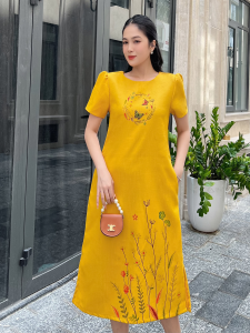 DA021 Đầm suôn chữ A phối họa tiết in giả thêu thanh lịch KHÁNH LINH STYLE