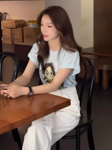 Shalldoer | Bộ đồ hai mảnh in họa tiết hoạt hình mùa hè cho bé gái Quần dài cạp cao tay ngắn thời trang Bộ đồ dễ thương và đáng yêu