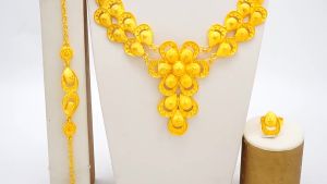 หรูหราดูไบ 24k เครื่องประดับทองขนนกดอกไม้ชุดสร้อยคอชุบทองเครื่องประดับแอฟริกัน  gold jewelry set