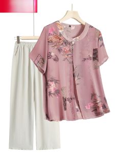 Loose Short Sleeve round Neck Midi Dress Set for Middle-Aged And Elderly Women Summer Casual Comfortable Polyester T-Shirt