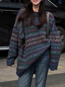 QINGNAER | Vintage Fair Isle Loose Sweater