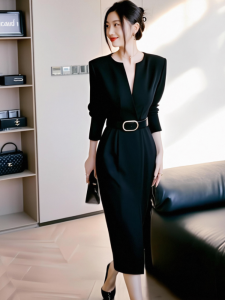 Black Waist-Cinching Dress Womens Professional Long Skirt Fall New Style French Little Black Dress for Important Occasions