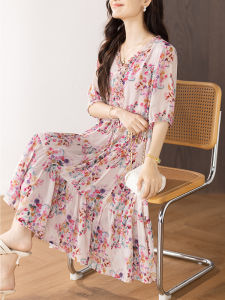 DAIXIANGFEIZI | Chiffon Flared Dress Short Sleeve Waist Cinching Popular Trend Elegant