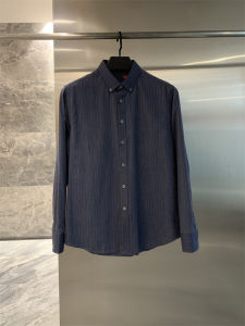 Warm Double-sided Brushed Long Sleeve Casual Shirt for Men Business Leisure Vertical Stripes Spring Autumn Trendy in BLUE