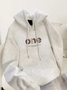 เสื้อสเวตเตอร์มีฮู้ดพิมพ์ลายตัวอักษรสไตล์ย้อนยุคแบบหนาสำหรับผู้หญิง เสื้อคลุมกันหนาวแบบหลวมๆ ฤดูใบไม้ร่วง/ฤดูหนาว สวมใส่สบาย