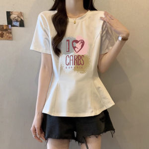 Shoulder Short-Sleeved T-shirt Bottoming Shirt for Women Loose Plus Size Plus Size Ladies Slimming Belly-Covering Cinched Peplum Ruffle Top