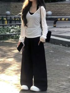 Bộ Ba Mảnh Quần Ống Rộng Dài Tay Mùa Hè Cho Nữ Áo Len Trắng Áo Lót Quần Ống Rộng Quần Dài Áo Chui Đầu Cổ Tròn