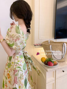 PAIBOLI | Sweet Floral Print French Vintage Long Dress Large Size Spring Season Womens Fashion Sense Knot Design Casual Street Style