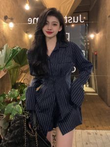 พลัสไซส์ ลายทาง เดรสเชิ้ต เซ็กซี่ ลำลอง ชุดสองชิ้นสูง เอว กระโปรงทรงเอ ปกโปโล ยาว แขนเสื้อ ความยาวปานกลางสําหรับ ฤดูใบไม้ผลิ