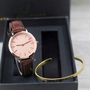 Jam tangan Wanita Fashion tali kulit free gelang bulat analog