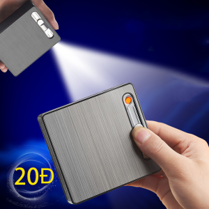 Hộp đựng thuốc kiêm bật lửa điện 20 điếu lớn ngắn có đèn pin - tặng cáp sạc