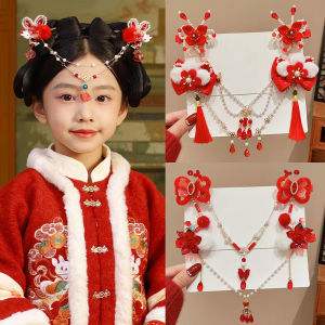 New Year Childrens Hanfu Headwear Girls Red Flower Tassel Brow Chain Little Girl Ancient Style Forehead Bracelet