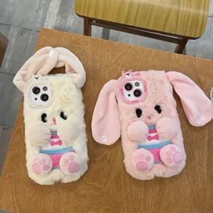 3D Cute Cartoon Fluffy Fur Rabbit Ears Button Plush Phone Case For iPhone 16 15 14 13 12 11 Pro Max Shockproof Protective Cover