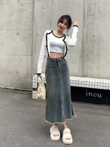 กระโปรงยาวเอวสูงหญิง กระโปรงผ้ายีนส์หางปลาง006