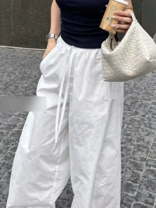 Korean Casual White Wide Leg Pants High Waist Elastic Drawstring Trousers Slim Fit Straight Leg Non Plus Size Lightweight Breathable Pants for Women 18-35 Daily Office & Vacation Wear