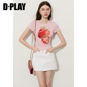 D-PLAY | Áo Thun Tencel In Hình Dâu Trắng Phong Cách Thường Ngày