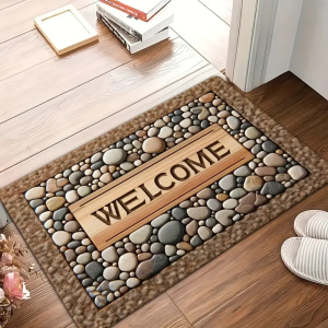 VIKAMA 3D Pebble Stone Welcome Doormat Rustic Wooden Print Entrance Floor Mat Non Slip Wear Resistant Front Door Home Decor