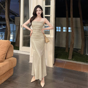 ชุดเดรสยาวสายเดี่ยวประดับเพชรสุดหรูหรา ชุดราตรี กระโปรงทรงเอเข้ารูป เดรสยาวคลุมเข่าสำหรับงานวันเกิด