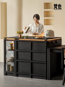 Modern Minimalist Black Wooden Island Table White Ash Wood Rock Panel Living Room Storage Cabinet Bar Counter Home Furniture