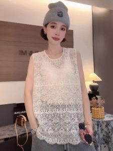 Retro Fashionable Korean Style Lace Hollow out Sleeveless Vest Womens Trendy Top Outerwear Elegant Outfit Summer Wear