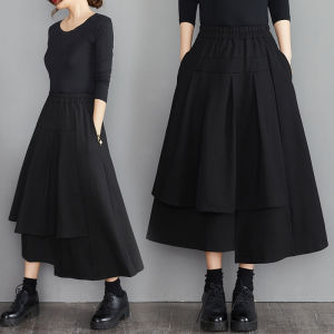 Black High Waist Skirt Womens Autumn Plus Size Ladies Loose Slimming Sense of Design Patchwork Plus Size Asymmetrical A- line Skirt