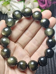 Premium Grade Golden Sheen Obsidian Crystal Stone Bracelet 14mm 高货强光猫眼亮财眼招财金曜石手串 14mm