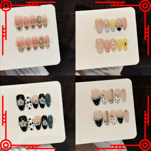 10pcs Handmade Fake Nails Middle Oval Press On Nails False Nails Broken Diamonds Carved Flowers Different Styles and Designs