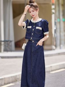 ชุดเดรสยีนส์ลายลูกไม้สไตล์วินเทจสำหรับผู้หญิงในช่วงฤดูร้อนปี 2025 ชุดเดรสยาวสองชิ้นแบบลำลองที่ทำให้คุณดูสง่างามและบางเฉียบ