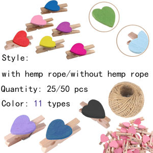 25/50PCS Mini Heart Clothespins Colorful Wooden Photo Clips with String for Craft Wedding Babys Shower Decor 3cm