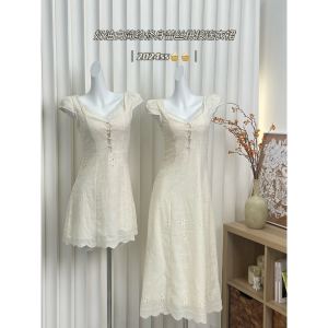 Elegant Lace Splice Slim Fit Dress Cream White Texture Sensation Summer Short Sleeve U-Neck A-Line Dress for Young Women