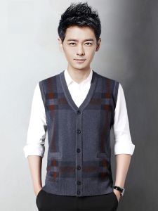 ROMON | Romon Mens Knitted V-neck Sweater Vest Autumn Winter New Style Dad Clothes Sleeveless Open Cardigan Business Casual Vest