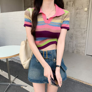 Áo Thun Polo Tay Ngắn Mỏng Bằng Lụa Băng Kẻ Sọc Ngắn Mùa Hè Cho Nữ Áo Thun Cổ Polo Tay Ngắn Dáng Ôm Phong Cách Hàn Quốc