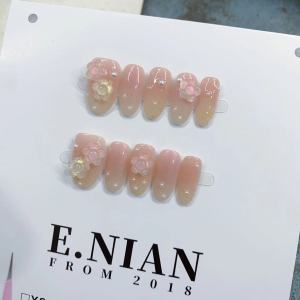 Handmade Gradient Pink Pearl Flower Nail Stickers Wearable False Nails Beautiful Nail Art Decorations Sweet Fairy Atmosphere