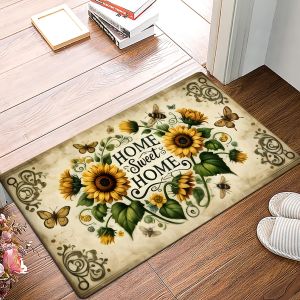 Thảm Chào Mừng In Hình Hoa Hướng Dương Và Ong VIKAMA Thảm Lối Vào Bằng Vải Polyester Cho Phòng Khách Phòng Tắm Trang Trí Nhà Có Thể Giặt Bằng Máy