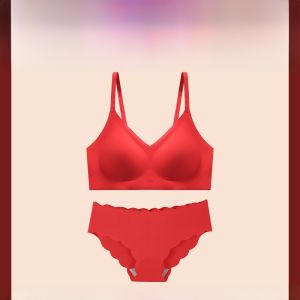 MiiOW | Red Wedding Underwear Set For Women Gathered No Steel Ring Chinese New Year Bra And Panties Ensemble Nylon Fabric Heart Pattern
